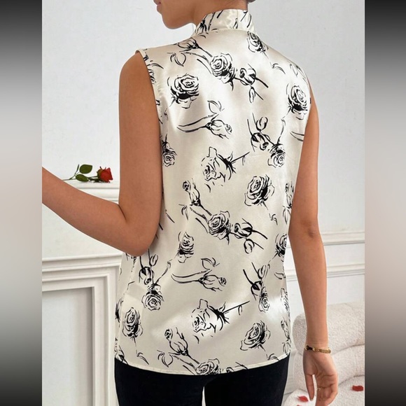 Classic Elegant Rose Floral Print Sleeveless V Neck Button Down Shirt Top Blouse - Picture 3 of 4